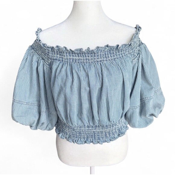 Anthropologie Porridge Top Sz L Ruby Off Shoulder Cropped Denim Striped Boho - Picture 8 of 16